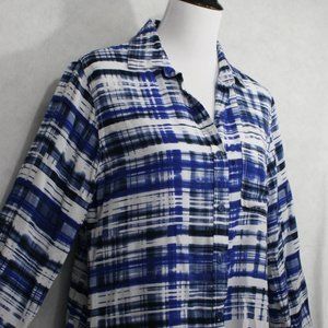 Velvet Heart Blue/White/Black Geometric Rayon Front Button Blouse SZ M EUC
